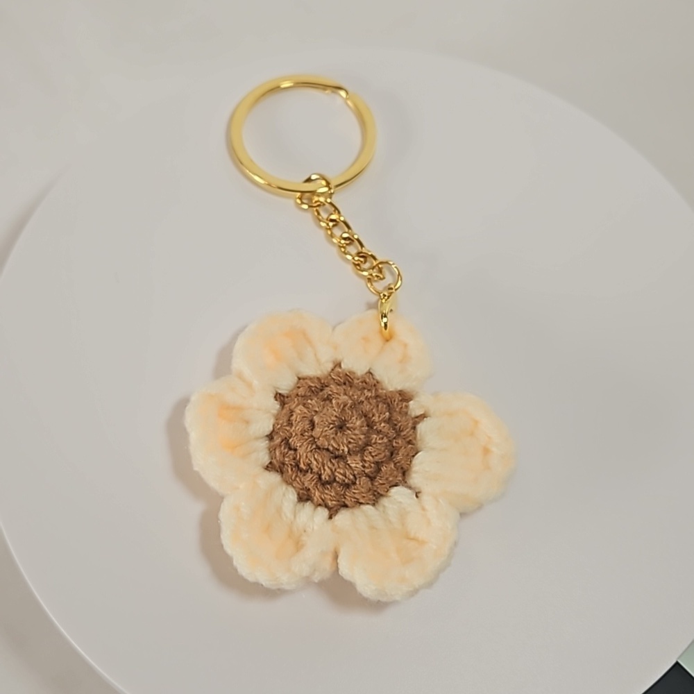 Hand Crafted Hand Knit Chrochet floral gold 4" Keychain flower baige and brown - Picture 4 of 17